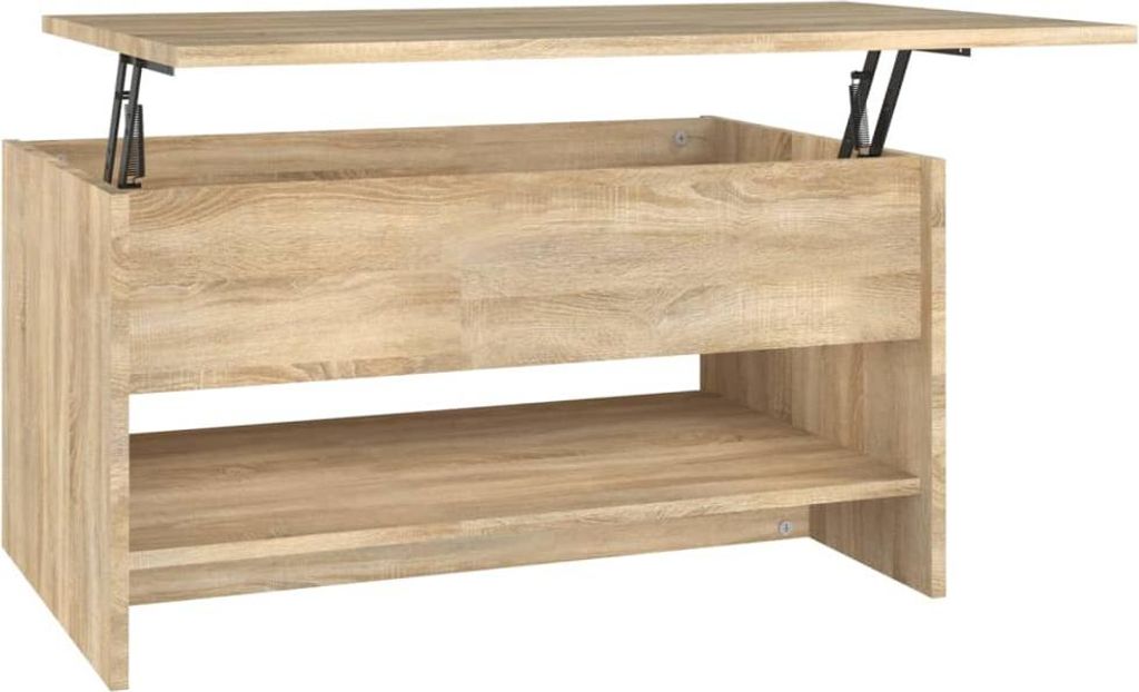 A coffee table with a lift-top mechanism, shown in an open state.