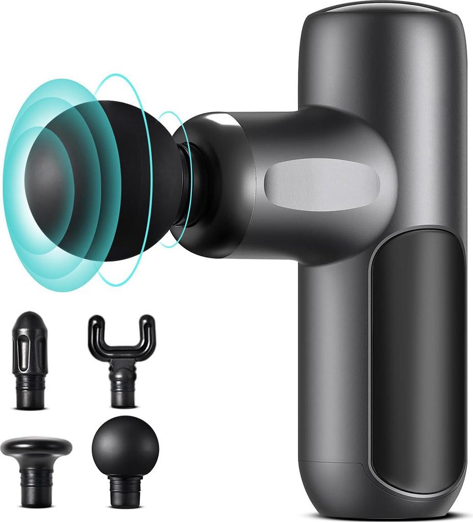 Mini Massagepistole mit 4 Aufsätzen, 5 Geschwindigkeiten, 8 mm Amplitude, LCD-Touch, 2000 mAh Akku, leiser Motor, Muskelmassagegerät für Sport &...