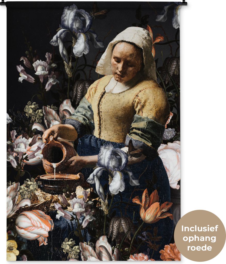 MuchoWow Wandteppich Wandbehang Milchmädchen - Johannes Vermeer - Blumen - Blau 120x180 cm Tapisserie Dekoration Wandtuch - Schlafzimmer - Dekor...