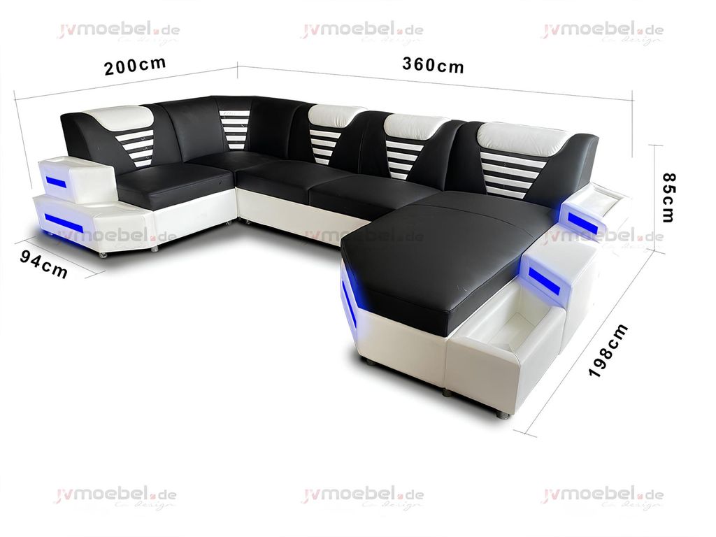 Eck Sofa Couch Polster Ecke Leder Couchen Wohnlandschaft U Form +LED