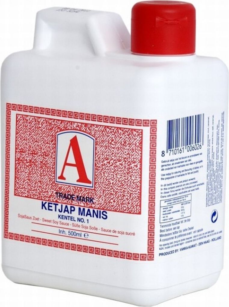 A white plastic bottle of Ketjap Manis (sweet soy sauce) with a red cap, featuring a red and white label with product information and a barcode.