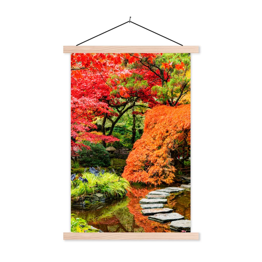 MuchoWow Textilposter Bäume - Japanisch - Steine - Weg - Natur 120x180 cm mit holzfarbenen Rahmen - Textil-Plakat
