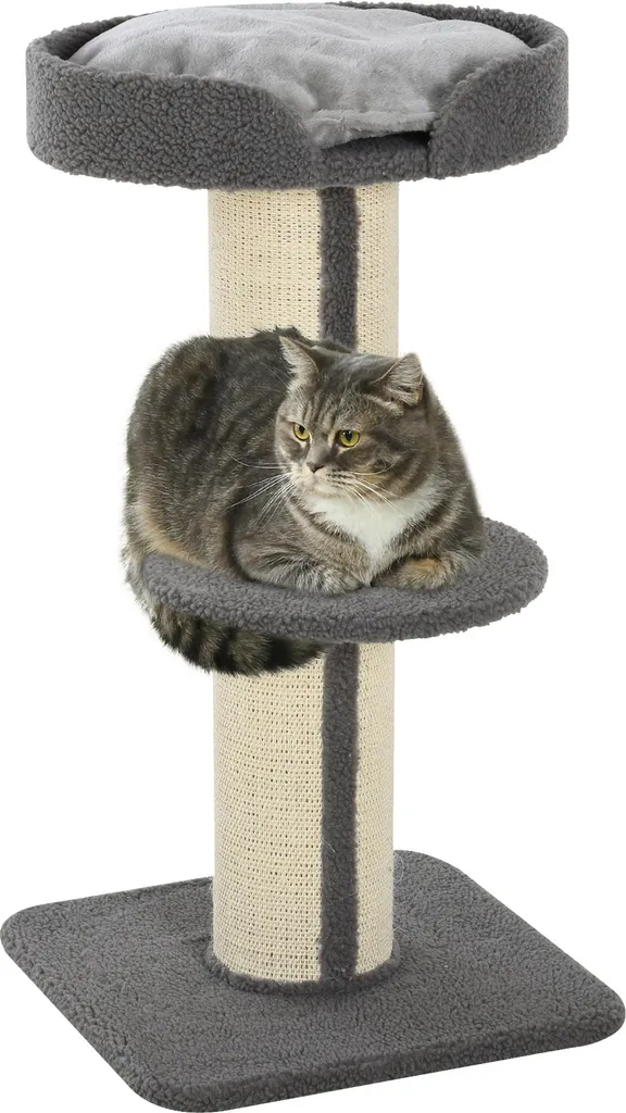 PawHut Arbre à chat gris 91 cm en tissu bouclette avec griffoir sisal