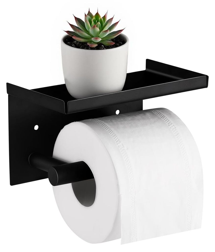 Toilettenpapierhalter mit 2 Montagemöglichkeiten: Wandmontage, ohne Bohren, mit Ablage, Edelstahl, schwarz