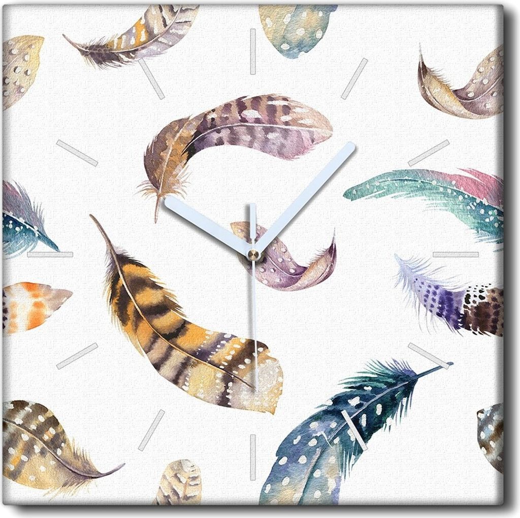 Coloray Uhr auf Leinwand 30x30 cm Wand Uhr Dekoration Wohnzimmer Segeltuch weiße Zeiger -Kunst Abstraktion Federn.