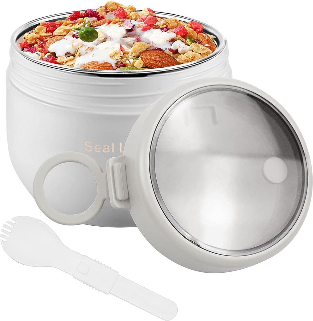 To-Go Becher 600ml Joghurtbecher Auslaufsicher Salat To-Go Becher RVS Lunchbox To-Go & Faltlöffel für jedes Frühstücks- oder Mittagessen - Weiß