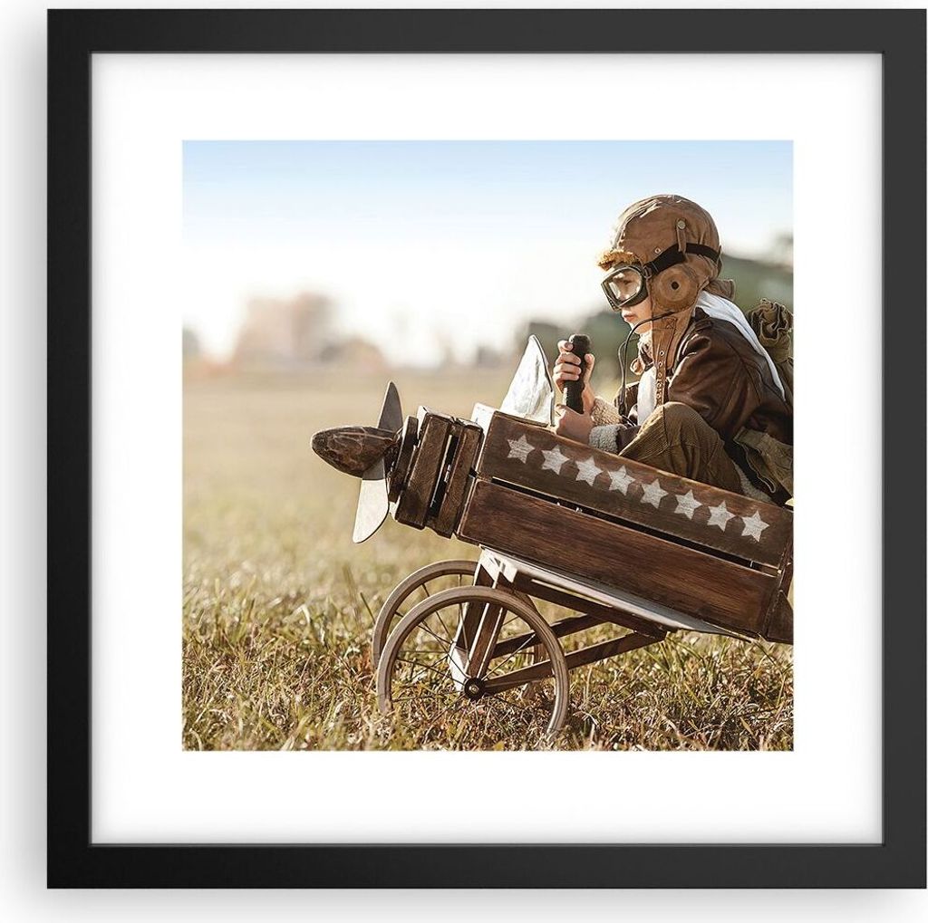 Gerahmtes Poster - Schwarzer Rahmen - Kindheit Flugzeug Spielzeug - 30x30 cm - Wand Bild - Wanddeko - Wandbilder - Kunstposter - Wandposter - Bilde...