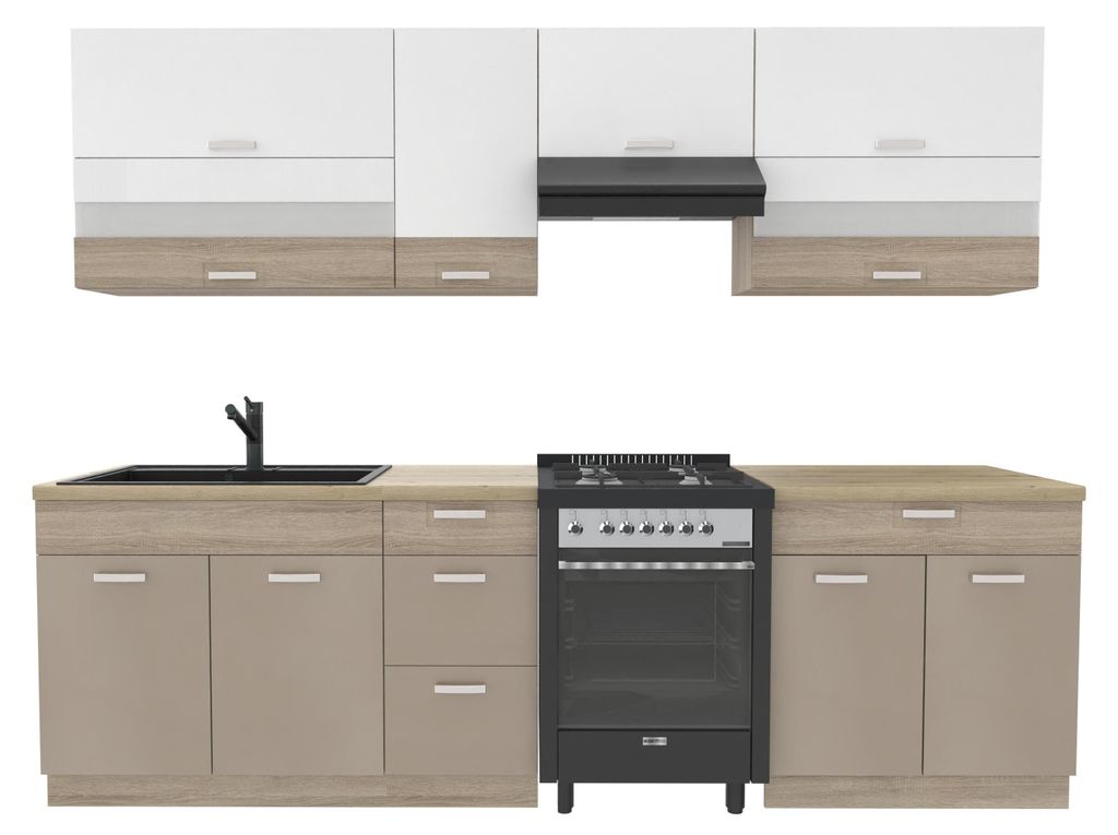 Küchenzeile 270 cm - Sonoma Beige Weiß - Mit Arbeitsplatte Artisan Eiche - Metallbox Schubladen - Soft-Close - MDF - PREMIO B PLUS