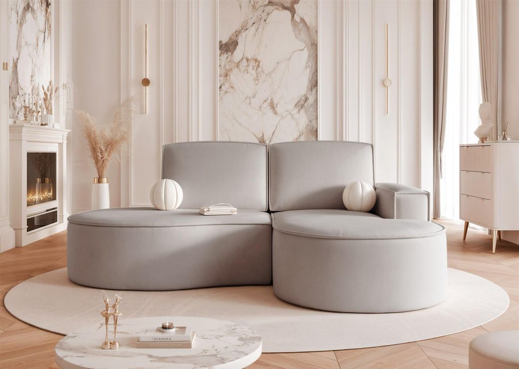 Ecksofa Designersofa Sofa ARLET in Stoff Riviera Hellgrau Ottomane Rechts