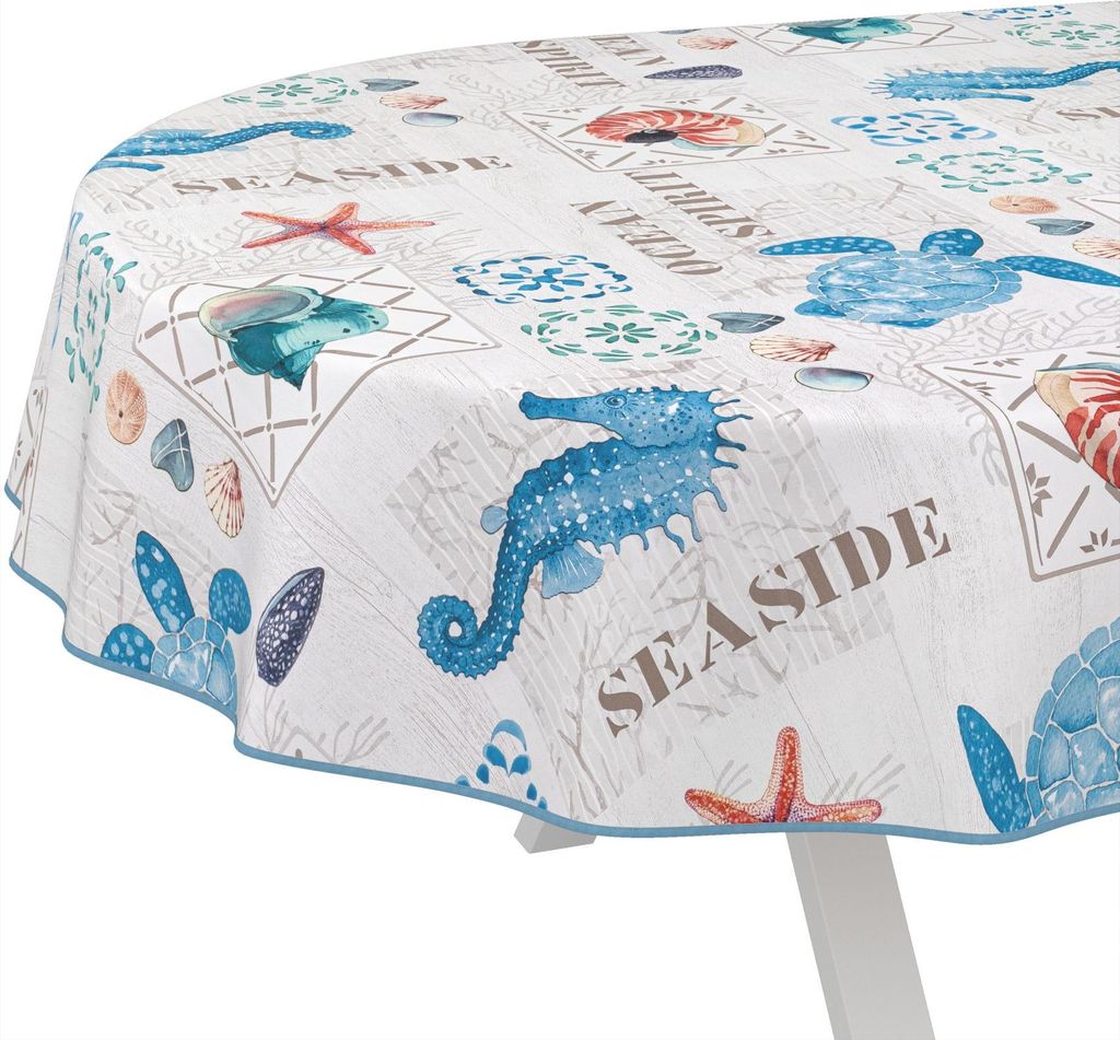 Tischdecke Skandinavisch Ozean Hellgrau Oval 160x140cm mit Band-Kante Wachstuch abwaschbar