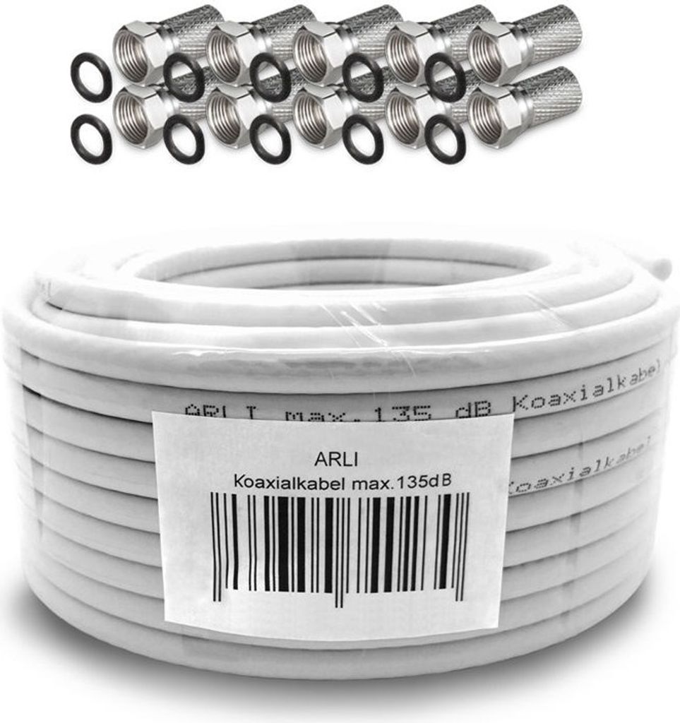 50m ARLI Koaxialkabel – max. 135 dB 5-fach geschirmt UV-beständig + 10x F-Stecker mit breiter Mutter & Dichtring für DVB-S DVB-T2 4K HDTV