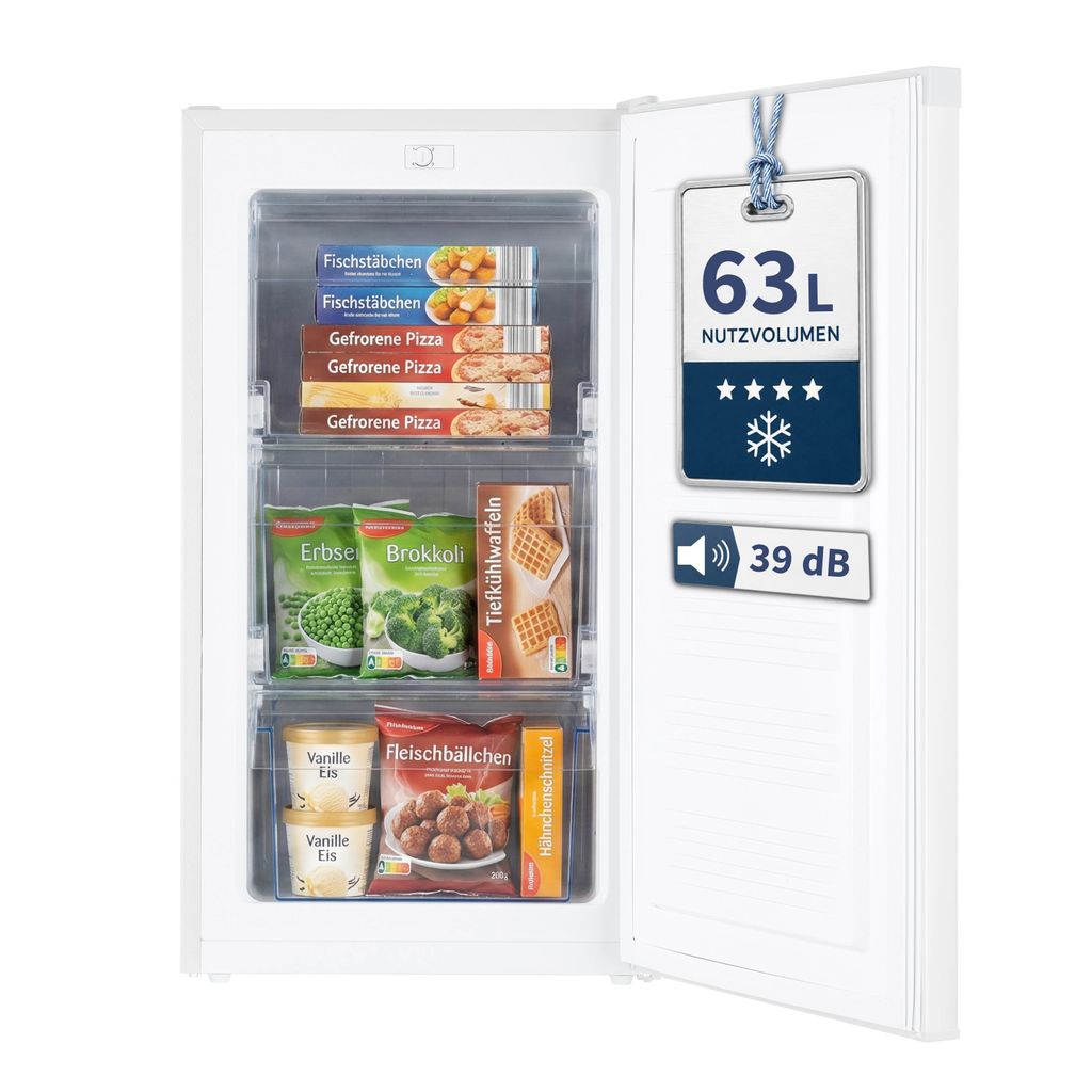 Stolthoff Mini Gefrierschrank 63 L, Gefrierschrank klein, 4 Sterne Tiefkühlschrank bis -18 °C, 39 dB leise, freezer freistehend, sparsam, Weiß