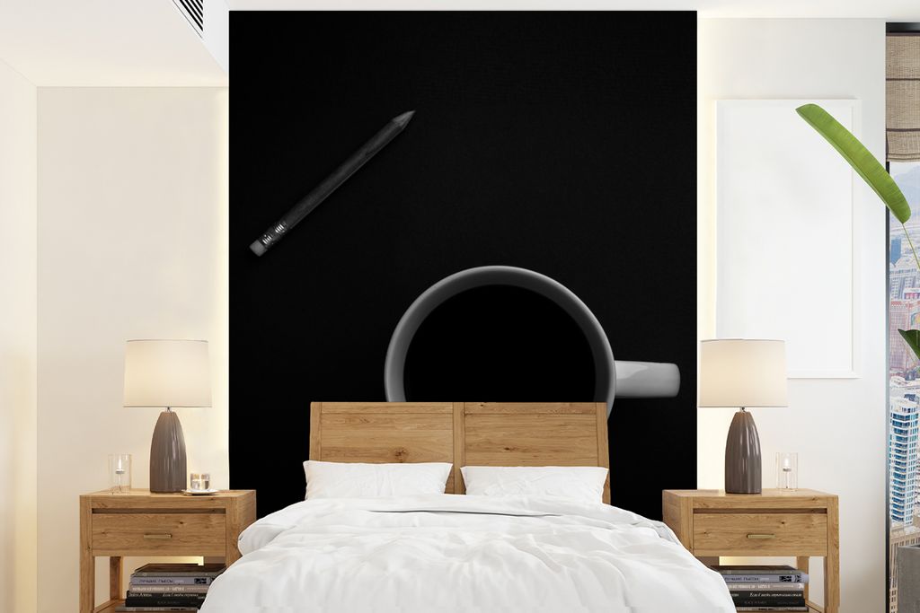 MuchoWow Fototapete für Wohnzimmer oder Schlafzimmer Wandtapete Vinyl Motivtapete Bleistift - Becher - Schwarz - Weiß - 175x240 cm - Schlafzimm...