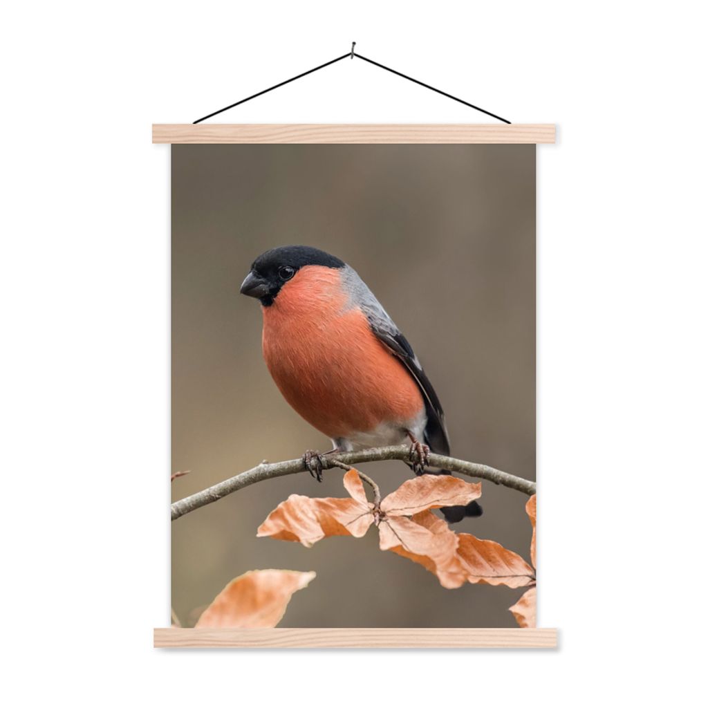 MuchoWow Textilposter Vogel - Laub - Herbst - Gimpel - 40x53 cm mit holzfarbenen Rahmen - Schlafzimmer