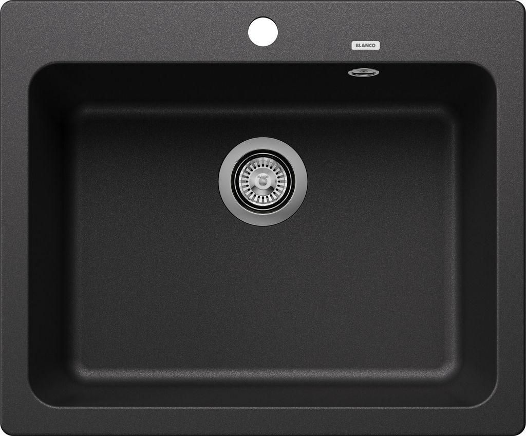 A top-down view of a black kitchen sink.