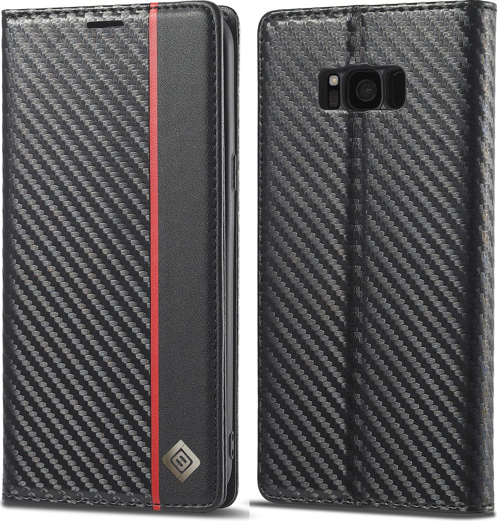 Hülle für Samsung Galaxy S8 Plus Kohlefaser Leder Brieftasche Schutzhülle mit Standfunktion Schwarz Vertikale Rot