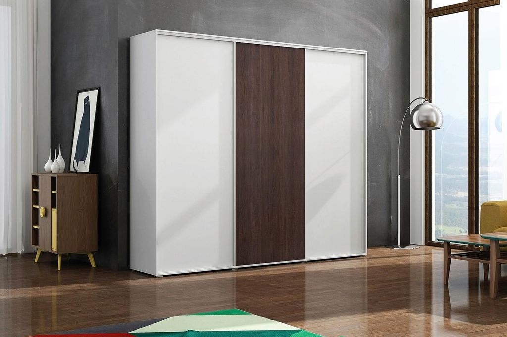 Dreitüriger Kleiderschrank 250/215 LEO – weiß/schokoladenbraun