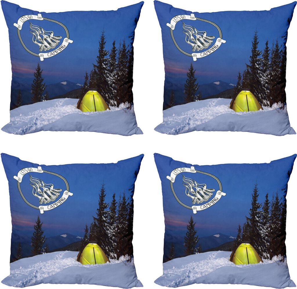 ABAKUHAUS Camping Kissenbezug Set (4 Stück), Winter Adventure Zelt Schnee, Moderner Doppelseitiger Digitaldruck, 50 cm x 50 cm, Gelb und Blau Azure