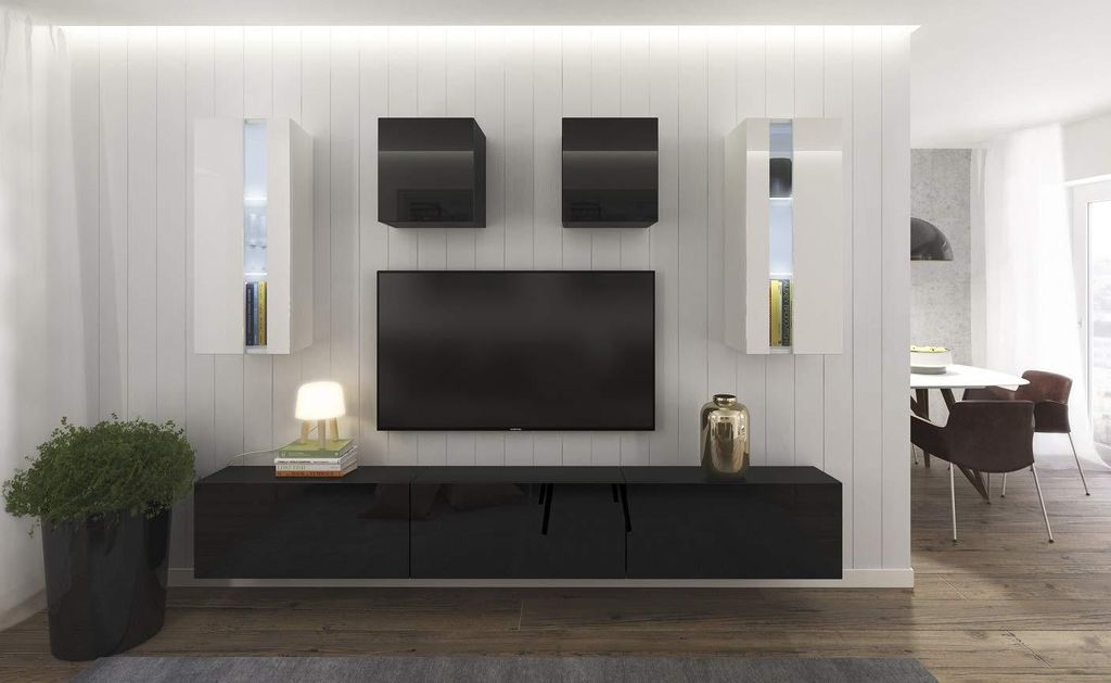 Furnitech Wohnwand Wohnzimmer - Wohnzimmer Möbel mit LED Blau - Hängend Wohnwand Modern - Regale und TV Schrank (AN291-17BW-HG22 1B Groß)