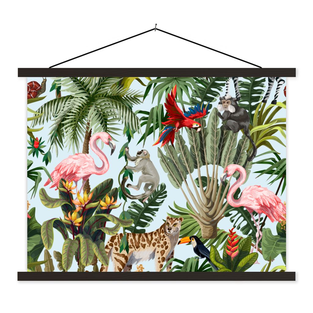 MuchoWow Textilposter Dschungel - Tiere - Mädchen - Kinder - Jungen - Flamingo - Papagei 60x45 cm mit schwarzem Rahmen - Poster Schlafzimmer