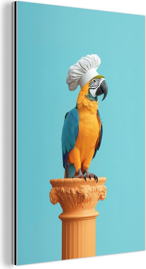 MuchoWow Wanddekoration Metall Metallbild Wandkunst 60x90 cm Papagei - Kochmütze - Lustig - Vogel MuchoWow Aluminium Gemälde - Wandbilder - Alumi...