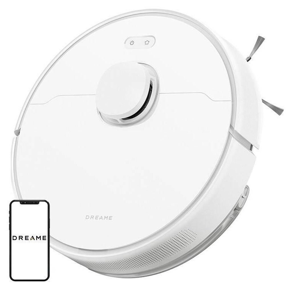 A white Dreame robot vacuum cleaner is shown from a diagonal angle, with a smartphone displaying the Dreame logo in the foreground.