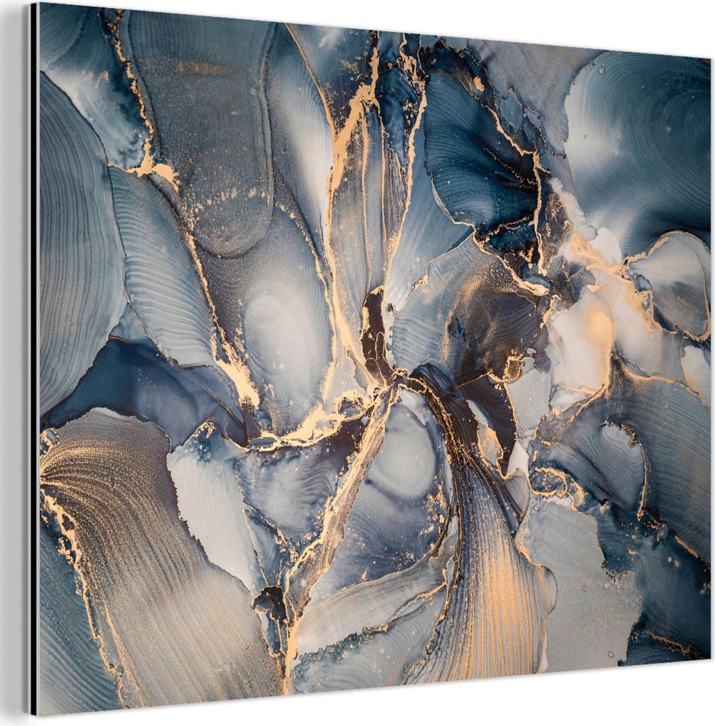 MuchoWow Wanddekoration Metall Metallbild Wandkunst 80x60 cm Marmor - Grau - Blau - Luxus - Gold MuchoWow Aluminium Gemälde - Alubild