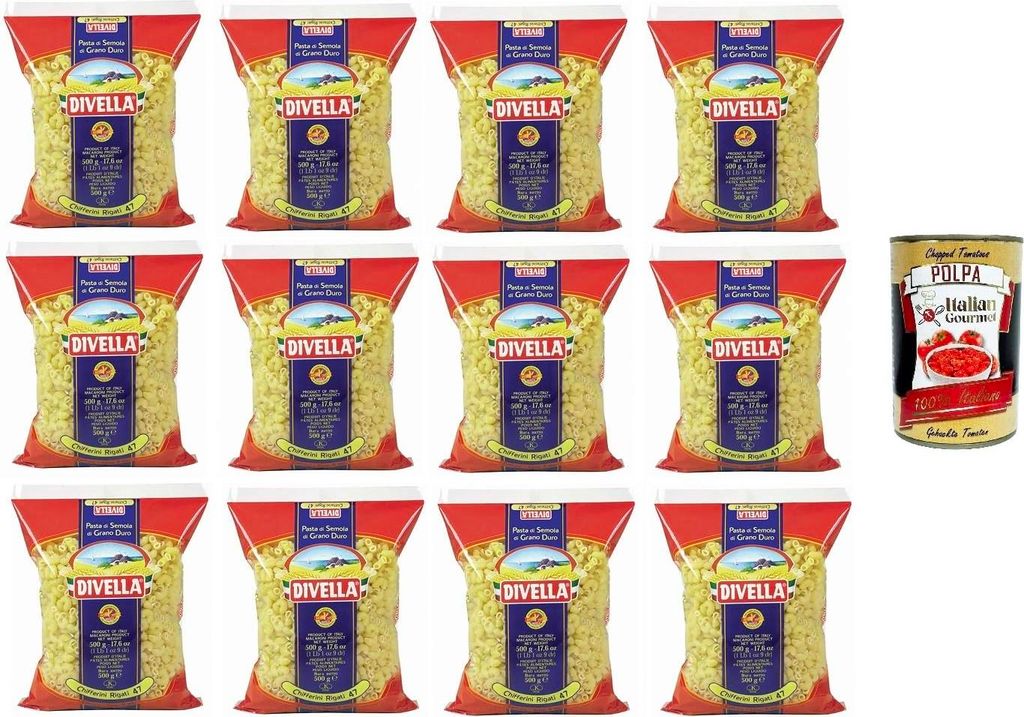 Divella Chifferini Rigati N°47 Hartweizengrieß Pasta Italienische Nudeln 12x500g Packung + Italian Gourmet Polpa di Pomodoro 400g
