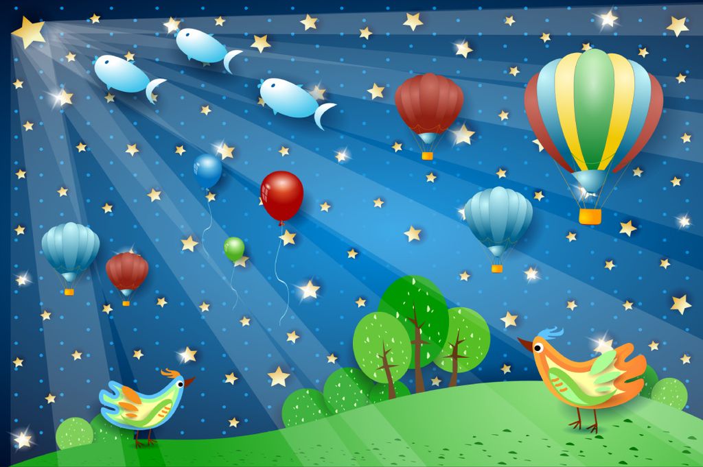 Muralo Fototapete Kinderzimmer 315 (B) x 210 (H) cm Vlies Tapete Wandtapeten Vögel Fische Himmel Sterne Luftballons Kinderwelt Jugend moderne Wand...