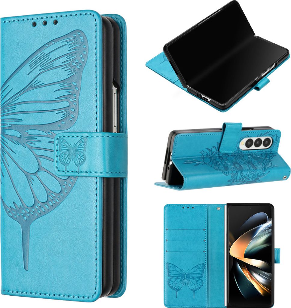 Galaxy Z Fold3 Hülle, Schmetterling Prägung Flip Leder Kartenfächer Schutzhülle Ledertasche mit Ständer für Samsung Galaxy Z Fold3 Blau