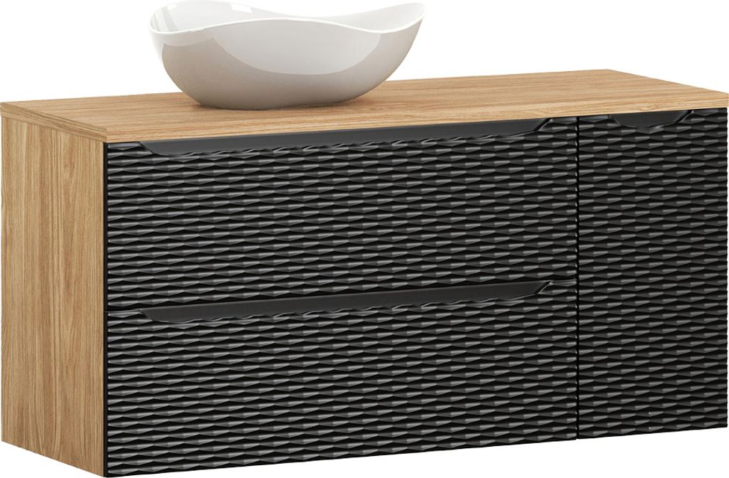 Waschtisch 120cm in Eiche mit schwarz, OLUO-56-BLACK, Front mit 3D-Struktur in Wellenoptik