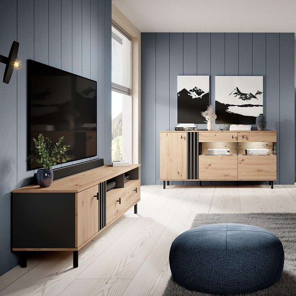 Wohnwand in Eiche, inkl. LED-Beleuchtung, 2-teilig - MATTAWA-167