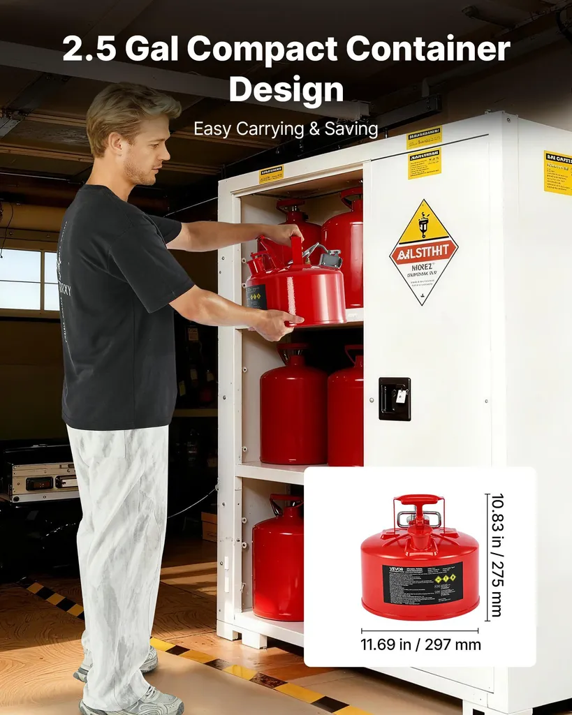 Tanica di sicurezza VEVOR, 9,5 litri, tipo II, contenitore di sicurezza con dispositivo antifiamma, coperchio autochiudente e beccuccio flessibile in metallo, contenitore per lo stoccaggio di sostanze infiammabili, rosso - 4