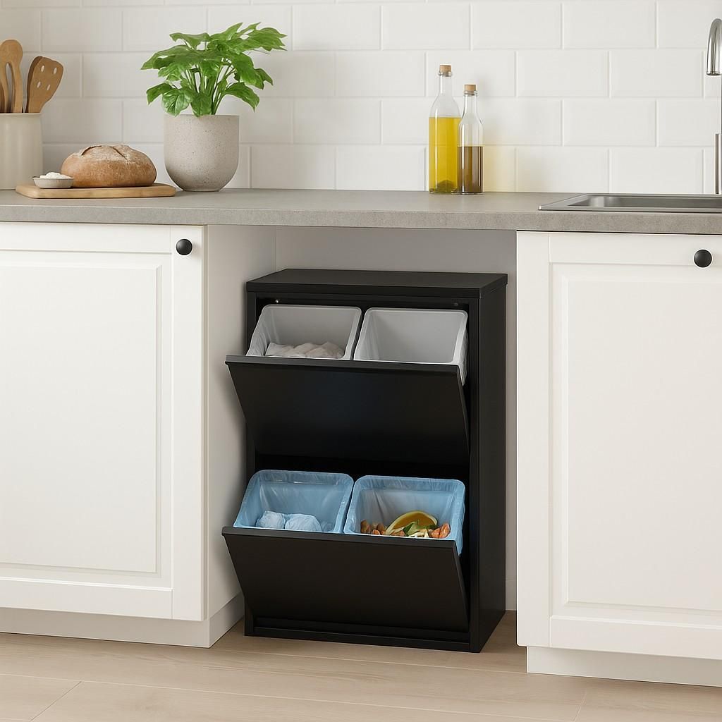 A black multi-compartment trash can with two flip-down doors, situated under a kitchen counter between two white cabinets. The trash can contains four bins, two at the top and two at the bottom, with blue liners in the bottom bins.