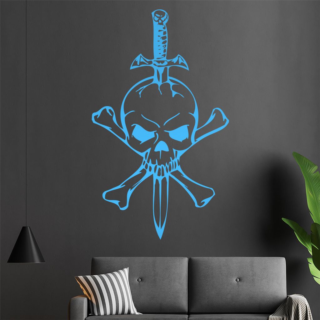 Schädel mit Dolch Wandtattoo in 6 Größen - Wandaufkleber Wall Sticker - Dekoration, Küche, Wohnzimmer, Schlafzimmer, Badezimmer