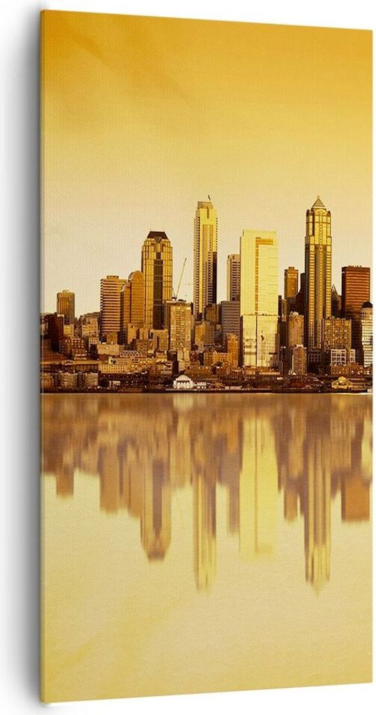 Bild auf Leinwand - Leinwandbild - Stadt Wolkenkratzer Wasser - 65x120cm - Wand Bild - Wanddeko - Leinwanddruck - Bilder - Kunstdruck - Wanddekorat...