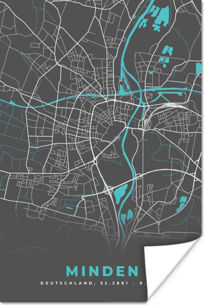 MuchoWow Poster Stadtplan - Karte - Minden - Blau - Deutschland - Karte 80x120 cm - Papierdruck