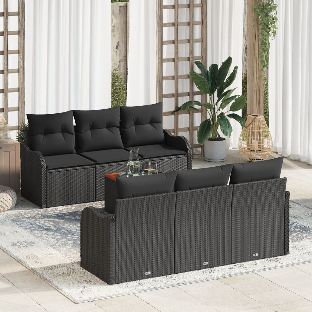 7-teiliges Garten-Sofaset mit Kissen Schwarz Poly Rattan Akazie, Gartensofas DesignMöbel Neu
