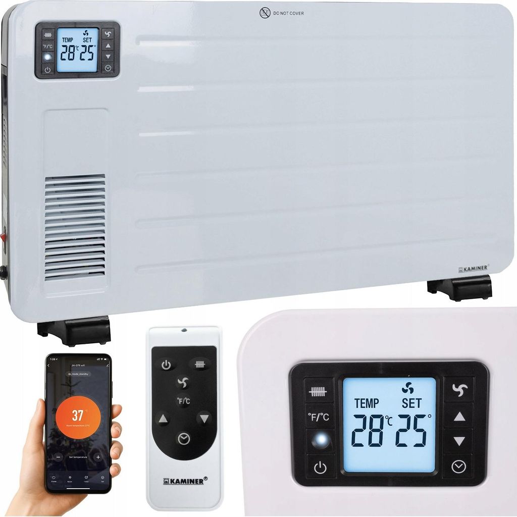 A collage of images showing a white electric heater, a remote control, and a smartphone displaying a heating app.