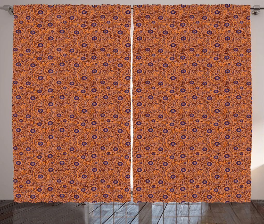 Grand rideau rustique orange indigo à motifs paisley et fleurs, 280cm