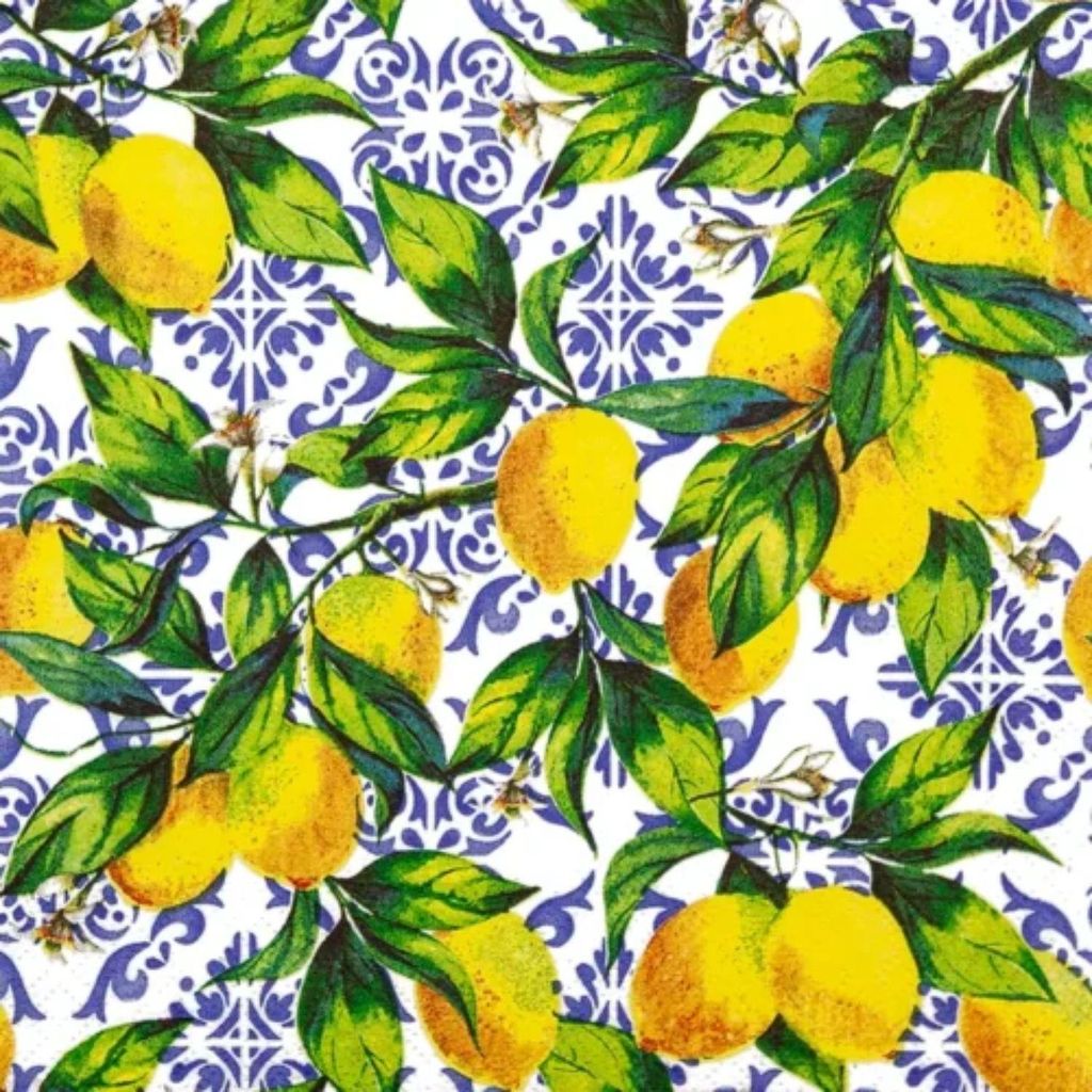 20 Servietten Citrus Branches on Tiles - Blaues Muster Produktbild 