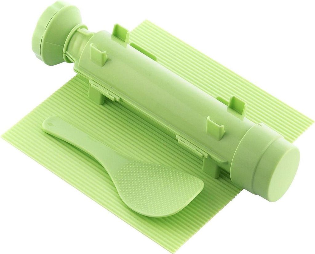 A light green sushi-making set is displayed on a light green mat.