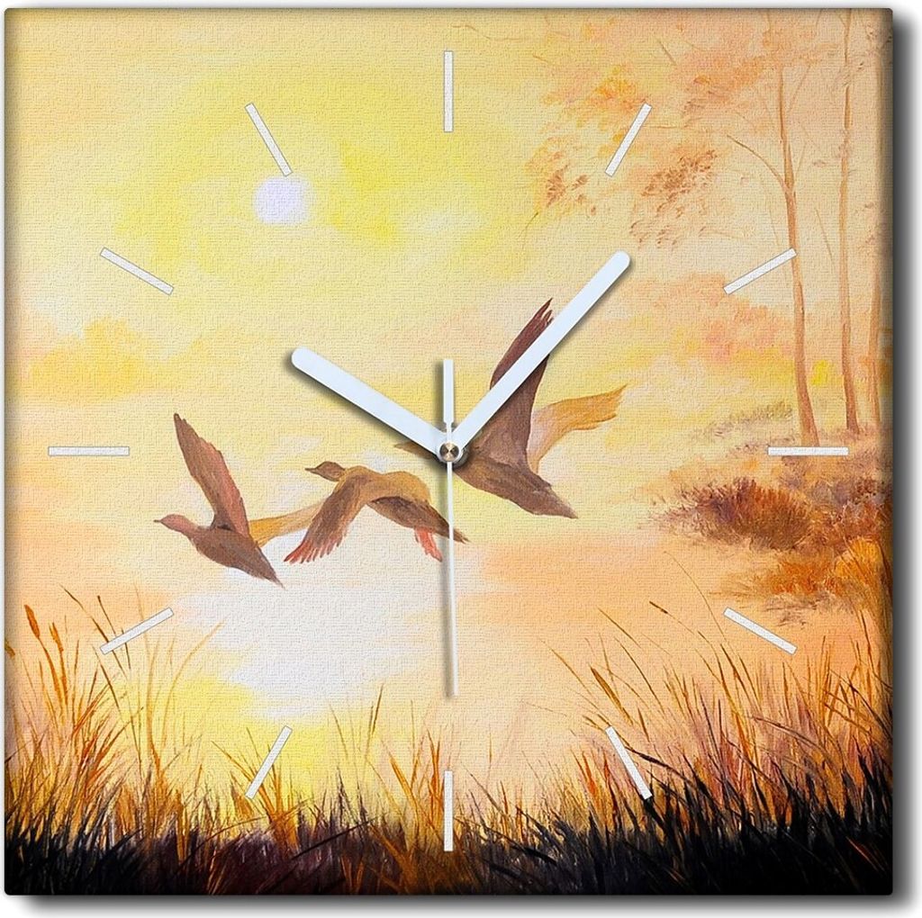 Coloray Uhr auf Leinwand 30x30 cm Wand Uhr Dekoration Wohnzimmer Segeltuch weiße Zeiger -Cranes Sonnenaufgang.