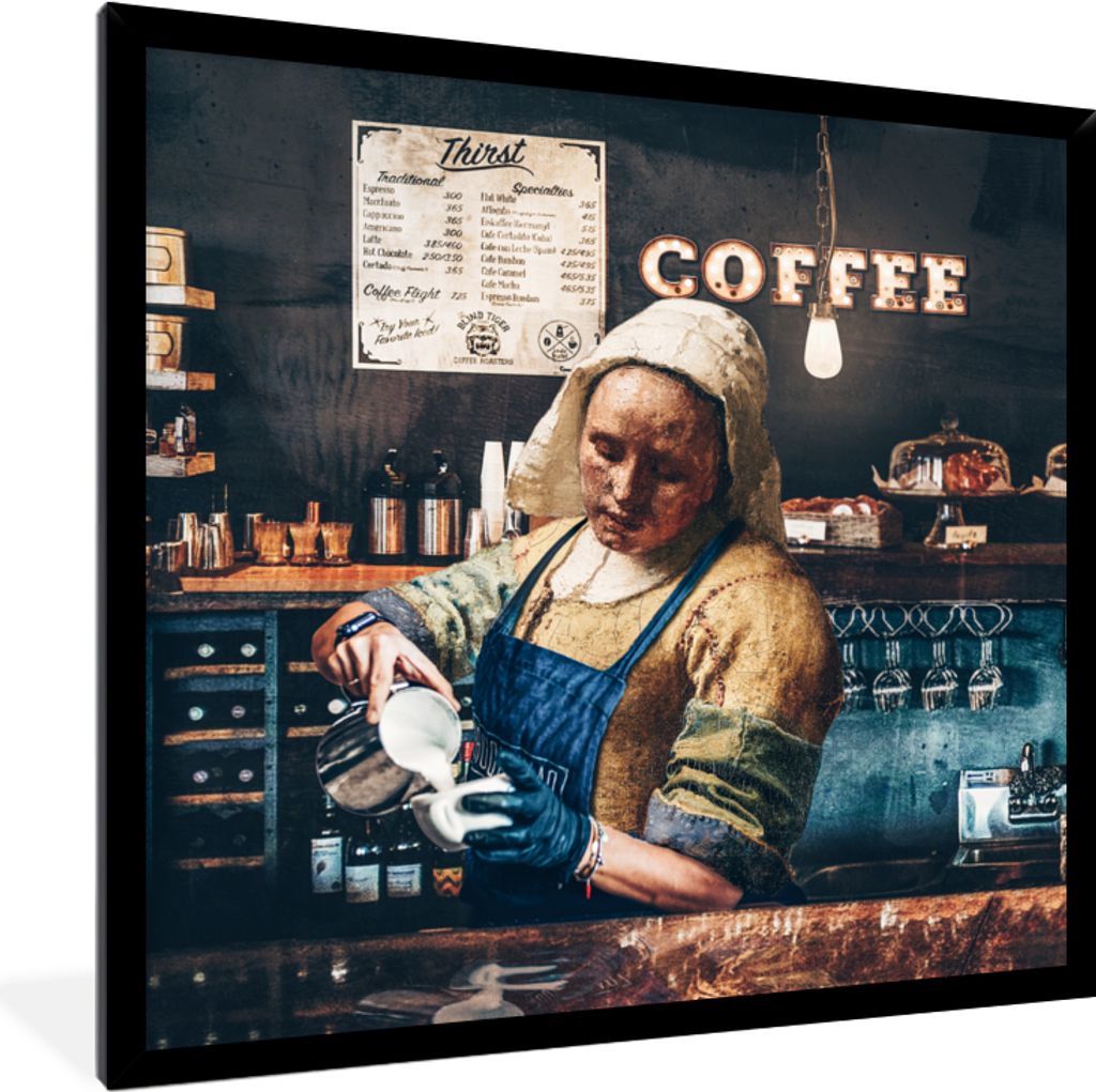 MuchoWow Gerahmtes Poster Milchmädchen - Barista - Cappuccino - Vermeer - Kaffee - Kunst _ Malerei 40x40 cm - Poster mit Schwarzem Bilderrahmen ...