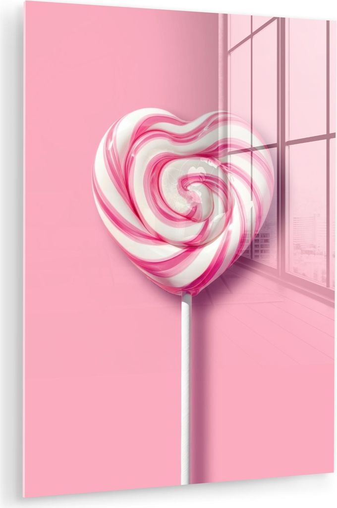 MuchoWow Glasbilder - Bilder auf Wandbild - Foto auf Glas Süßigkeit - Lutscher - Herz - Rosa 60x80 cm Wanddekoration aus Glas - Acrylglasbild - A...