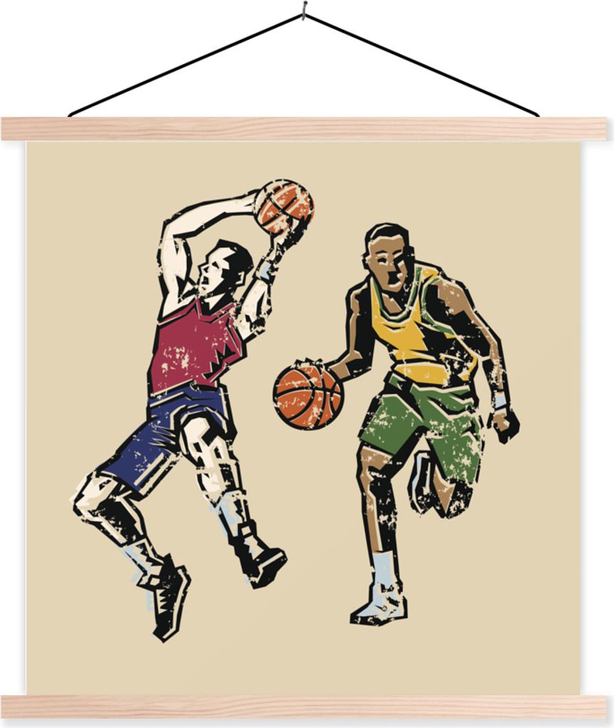 MuchoWow Textilposter Eine Illustration von zwei Basketballspielern, die mit ihrem Sport beschäftigt sind 40x40 cm mit holzfarbenen Rahmen - Pos...