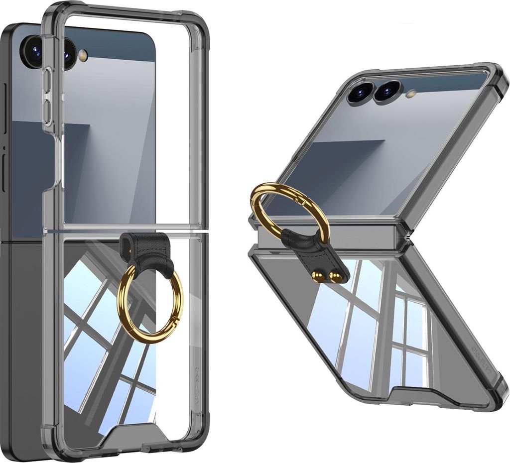 Hülle für Samsung Galaxy Z Flip 7 Transparente Stoßfest Schutzhülle Eingebauter Displayschutz mit Ring Schwarz