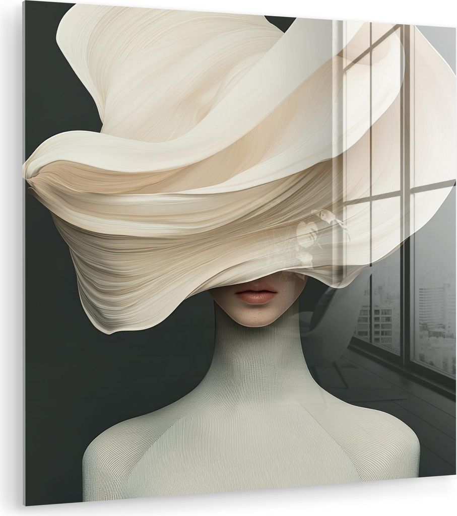 MuchoWow Glasbilder - Bilder auf Wandbild - Foto auf Glas Frau - Beige - Hut 50x50 cm Wanddekoration aus Glas - Acrylglasbild - Acrylbilder - Wandb...