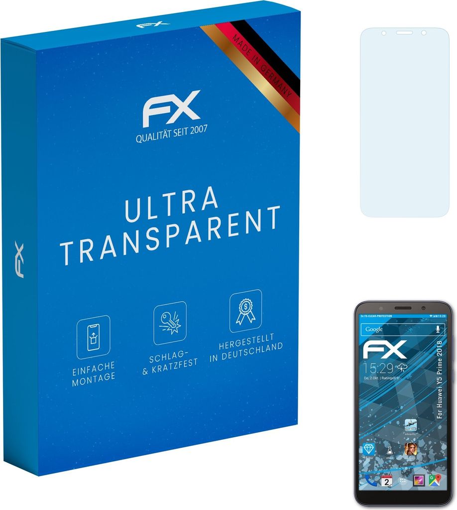 atFoliX FX-Clear 3x Schutzfolie kompatibel mit Huawei Y5 Prime 2018 Displayschutzfolie