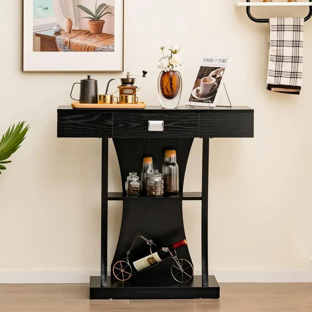 Console en bois noir avec tiroirs et structure métallique - Modèle INDUS